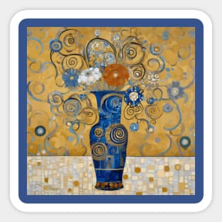 Modern Still Life Painting with Flowers in a Blue and Gold Decorative Vase Sticker